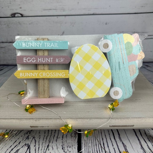 🐰 Easter Tiered Tray Wood Décor – Pastel Bunny Truck & Signs - Picture 1 of 7